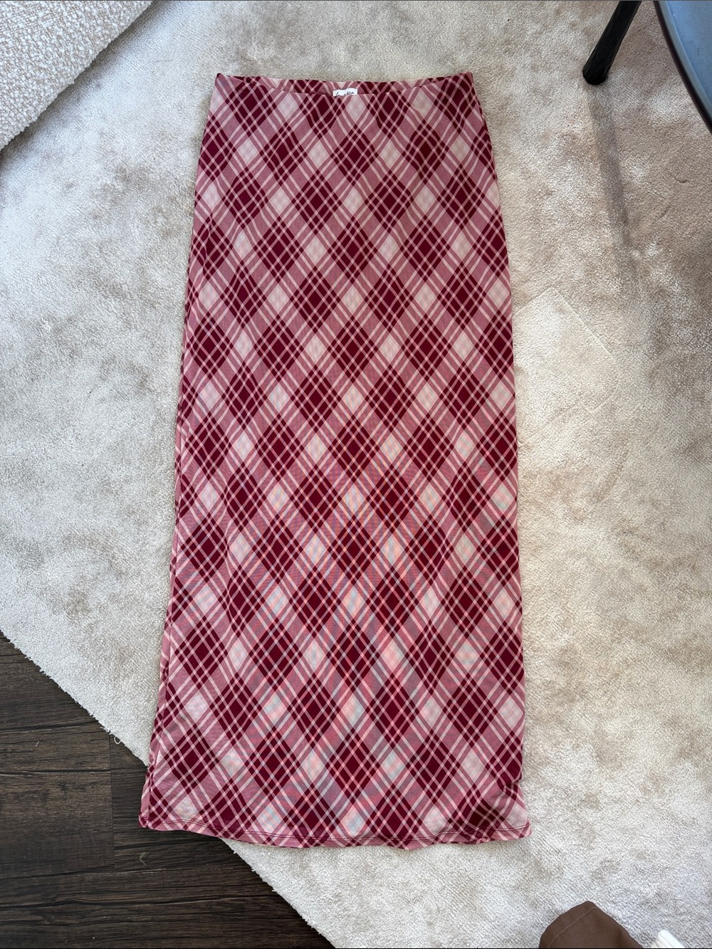 love, Fire Pink Plaid Maxi Skirt